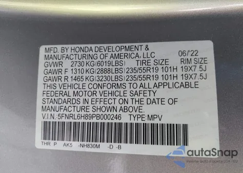 2023 Honda Odyssey Touring z USA, uszkodzony, nr VIN 5FNRL6H89PB000246